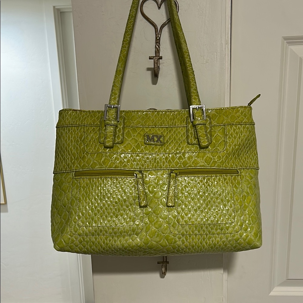 Green Embossed Tote Bag with Gold Accents
